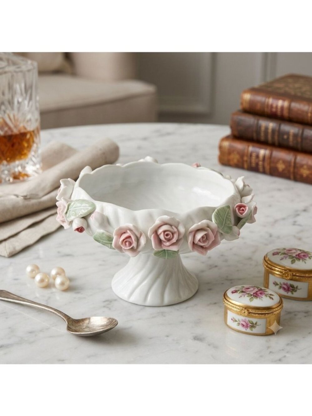 Vintage Encrusted Porcelain Rose Pedestal Bowl Capodimonte Style Candy Dish
